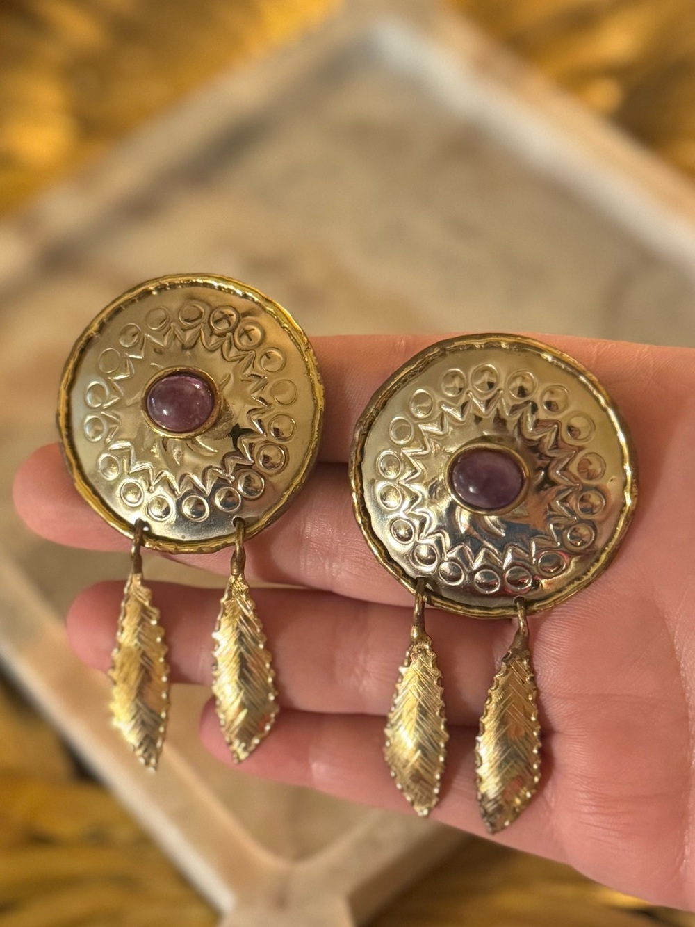 Silver Medallion/Concho Drop Earrings with Purple Cabochons and Brass Feathers